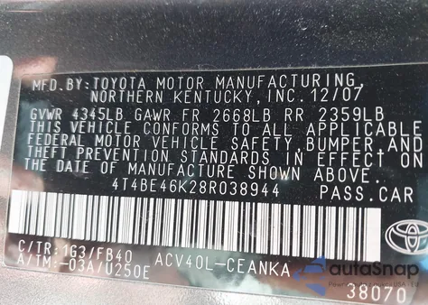 2008 Toyota Camry Le z USA, uszkodzony, nr VIN 4T4BE46K28R038944